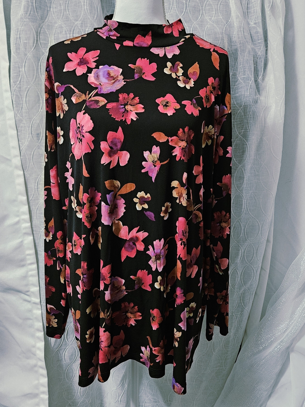 Susan Graver LiquidWomen's Mock Neck Floral Tunic Dress - Black with Pink Floral